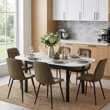 Set Masă Extensibilă Carla Albă 134&ndash 174 × 80 cm cu 6 Scaune Gya Maro Tapițate Picioare Metalice Negre