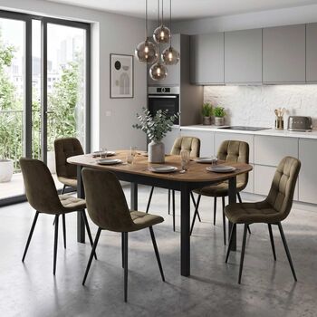 Set Masă Extensibilă Carla Nuc 134&ndash 174 × 80 cm cu 6 Scaune Gya Maro Tapițate Picioare Metalice Negre