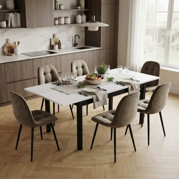 Set Masă Extensibilă Mara Albă 130&ndash 170 &times 75 cm cu 6 Scaune Gya Maro Tapițate Picioare Metalice Negre