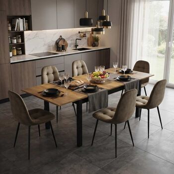 Set Masă Extensibilă Mara Nuc 130&ndash 170 &times 75 cm cu 6 Scaune Gya Maro Tapițate Picioare Metalice Negre