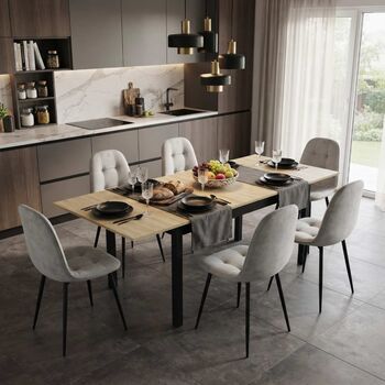 Set Masă Extensibilă Mara Stejar 130&ndash 170 &times 75 cm cu 6 Scaune Gya Gri Tapițate Picioare Metalice Negre