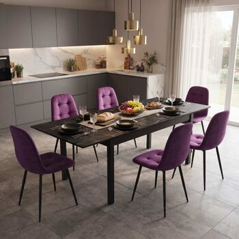 Set Masă Extensibilă Mara Negru Marmorat 130&ndash 170 &times 75 cm cu 6 Scaune Gya Mov Tapițate Picioare Metalice Negre