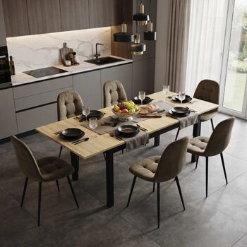 Set Masă Extensibilă Mara Stejar 130&ndash 170 &times 75 cm cu 6 Scaune Gya Maro Tapițate Picioare Metalice Negre
