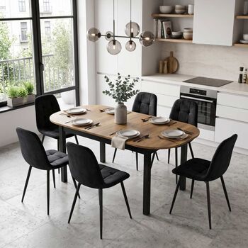 Set Masă Extensibilă Carla Nuc 134&ndash 174 &times 80 cm cu 6 Scaune Gya Negre Tapițate Picioare Metalice Negre