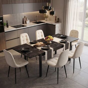 Set Masă Extensibilă Mara Negru Marmorat 130&ndash 170 &times 75 cm cu 6 Scaune Gya Crem Tapițate Picioare Metalice Negre