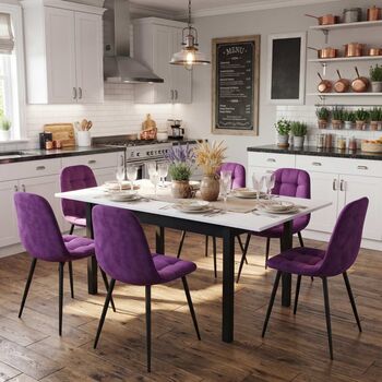 Set Masă Extensibilă Mara Albă 130&ndash 170 &times 75 cm cu 6 Scaune Gya Mov Tapițate Picioare Metalice Negre