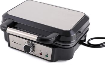 Aparat de făcut gofre/vafe Fram FAG-M1000BKSS 1000W capacitate 2 gofre plăci fixe cu înveliș antiaderent temperatura ajustabila indicator luminos decorațiune inox capac mâner și panel