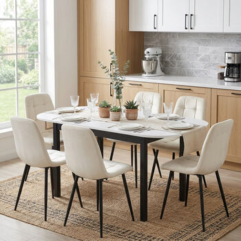 Set Masă Extensibilă Carla Albă 134&ndash 174 &times 80 cm cu 6 Scaune Gya Crem Tapițate Picioare Metalice Negre