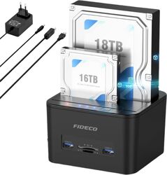 Statie de andocare Hard disk dubla FIDECO USB 3.1 Rack compatibil SATA HDD/SSD 2.5/3.5 Docking Station 4 In 1 cu functia clonare offline cititor de carduri SD/TF Porturi Usb Neagra