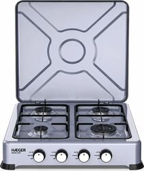 Aragaz portabil cu 4 arzatoare HAEGER QUAD COOK Dimensiuni 500x500x115mm Anticoroziv Aluminiu Suprafata usor de curatat Manere decorative inox Argintiu Resigilat