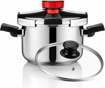 Oală sub presiune 2in1 HAEGER EASY COOKER 2 IN 1, 24 cm, Capacitate 8L, Corp din inox, 3 sisteme de siguranța, Compatibilă cu toate tipurile de plite, oțel inoxidabil, Argintiu