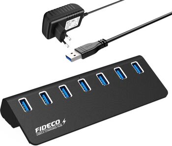 Hub USB Cu 7 porturi USB 3.2 Gen2 FIDECO Porturi USB-A Max 10Gbps Transfer Adaptor Multiport portabil din Aluminiu 350mb/s Alimentare DC5V - PC/Priza Protecție Completa Negru