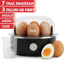 Fierbător oua iHunt BRO Egg Boiler, Capacitate 7 oua, Baza Inox, Temporizator Natural cu Oprire Automata, Alerta Sonoră, Tavite Non-stick, Fără BPA