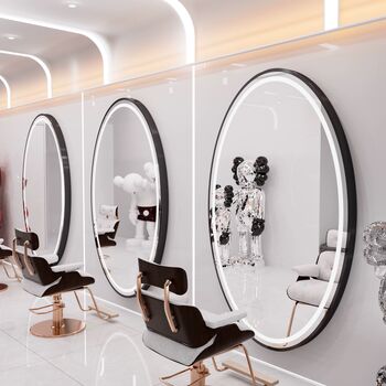 Consola de coafura frizerie și cosmetica cu oglindă LED 180x90 neagră rotundă