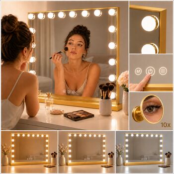 Oglinda de machiaj LED Hollywood Metalica 80x62cm 3 culori LED USB Gold
