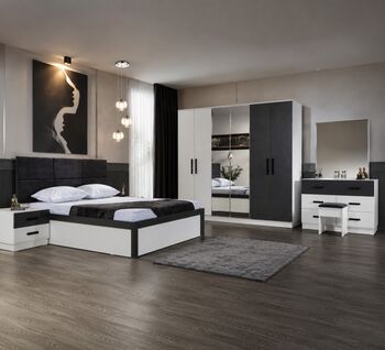 Dormitor SMART Pat 160x200 cm Dulap cu Oglinda si Usi Glisante Comoda si 2 Noptiere Set Dormitor Complet Modern PAL Melaminat 18 mm Mobila Mega