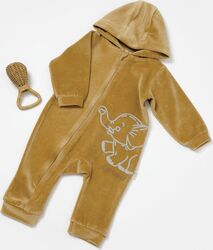 Salopeta Elefant cu maneca lunga si gluga din 80bumbac organic si 20 poliester - Mustar BabyCosy Marime 6-9 luni
