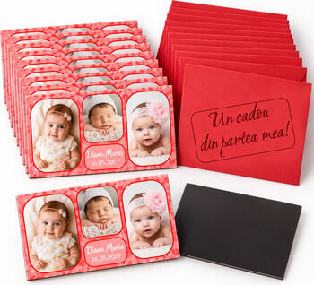 Set 10 marturii botez magnetice personalizate cu 3 fotografii 10 x 5 5 cm plic rosu inclus