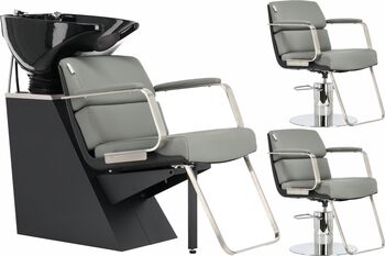 Tina Set negru unitate de spălare și 2x scaun coafura hidraulic rotativ cu suport picioare pentru salon bol ceramic mobil baterie