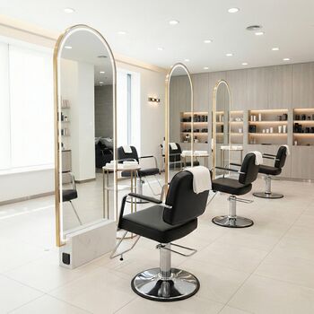 Consola coafor frizerie cosmetica oglindă LED 190x80 dublă fata auriu cu baza de piatra
