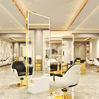 Consola profesională de coafor frizerie cosmetica cu oglindă LED bilaterala 200x80 aurie pe baza de piatra