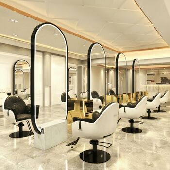 Consoleta profesionala de coafura frizerie și cosmetica cu oglindă LED 190x80 dublă neagră pe baza de piatra