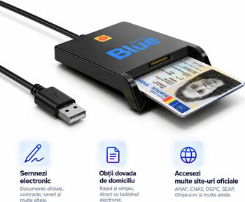 Cititor cărți de identitate electronice românești Blue Reader USB 2.0 &ndash Compatibil pentru semnarea documentelor PDF cu certificat dig
