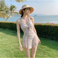 Costum de Baie Dama Tip Rochie cu Imprimeu Floral Delicat Croiala Eleganta Bretele Halter Spate Decupat Material Elastic Confortabil Stil Feminin de Vara Ideal pentru Plaja Piscina s