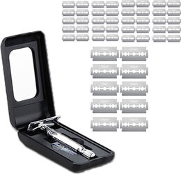 Set Aparat de Ras Clasic 50 Lame de schimb si Cutie de Transport si Depozitare cu Oglinda Incorporata Otel Inoxidabil PriStyle®