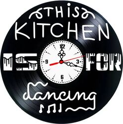 Ceas de perete decorativ Kitchen Art lucrat manual din disc de vinil Vinyl Record design tematic Bucătărie Negru 30 cm