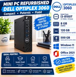 Mini PC refurbished Dell Optiplex 3060 Intel i3-8100T 3.1GHZ 4Core ram 8ddr4 ssd 120gb + hdd 500gb Windows11 si Office 2021
