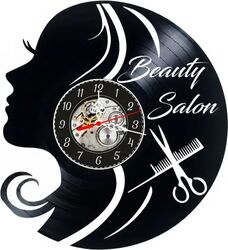 Ceas de perete decorativ realizat din disc de vinil Model Beauty Salon Profil Femeie Foarfeca si Pieptene Cadran Skeleton Negru 30 cm