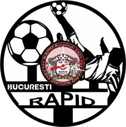 Ceas de perete decorativ realizat din disc de vinil Model Rapid Bucuresti Fotbalist in Foarfeca si Mingi Text Bucuresti Rapid Negru 30 cm