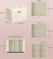 SONGMICS Cutie de bijuterii cu 4 nivele 3 sertare oglinda si incuietoare 18x23x17cm alb crem