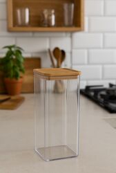 Cutie depozitare 5Five Eske pătrată 1.5L capac bambus PS transparent