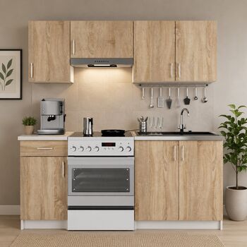 Set mobila bucătărie Lima 180 cm cu blat alb PAL laminat 5 corpuri 180x45x203 cm stejar sonoma