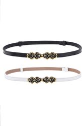 Set 2 Curele Subtiri Dama din Piele Ecologica cu Catarama Decorativa Florala Aurie Accesorii Elegante pentru Rochii Talie si Outfituri Casual sau Office Ideale pentru Talii de 60-100 cm
