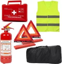 Pachet Auto Complet Omologat RAR pentru Siguranța Rutiera - Stingator P1 Trusa Medicala 2x Triunghiuri Reflectorizante Vestă și Geantă