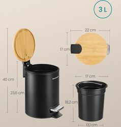SONGMICS Cos de gunoi cu pedala ideal pentru baie capac din bambus cu inchidere lenta galeata interioara detasabila 3 litri 17x22x24 cm negru
