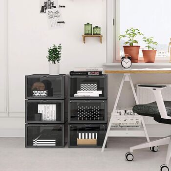 SONGMICS Organizatoare pantofi transparente cu usa frontala stivuibile PVC 6 cutii x 36x28x22 cm negru