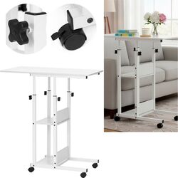 Birou reglabil pe inaltime cu rafturi si roti blat din lemn si structura metalica 80x40x76-86 cm alb