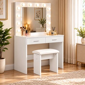 Masă De Machiaj/Toaleta Cu 2 Sertare Scaun Și Oglindă LED Culoare Alb Dimensiune 80x40x140 cm