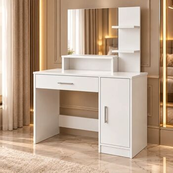 Masă De Machiaj/Toaleta 90x40x137 5 Cm Cu Oglindă 1 Sertar Și Dulap Culoare Alb