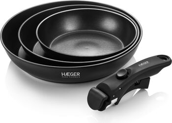 Set tigai HAEGER EASY FIT, 4 piese, Maner detasabil, Strat antiaderent elvetian ILAG Ultimate, Compatibile cu toate tipurile de plita