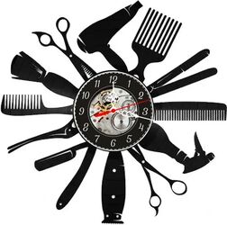 Ceas de perete decorativ realizat din disc de vinil Model Ustensile Salon Coafura si Frizerie Foarfece Uscator Pieptene si Brici Negru 30 cm