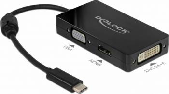 Adaptor Delock USB-C la VGA - HDMI - DVI T-M Negru 63925 