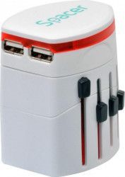 Adaptor priza SPACER universal + 2 x USB Alb