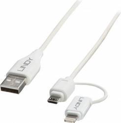 Cablu USB 2.0 la micro USB-B + adaptor Lightning 1m Lindy White 