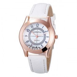 Ceas Geneva Dama Quartz Casual Elegant Alb PN999263AB curea din piele afisaj Analog 