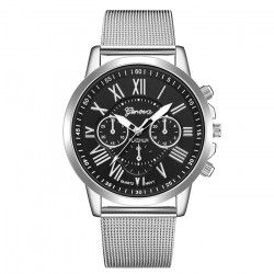 Ceas Geneva Unisex Quartz Casual Elegant Argintiu/negru PN999437SNU curea din metal mesh afisaj Analog 